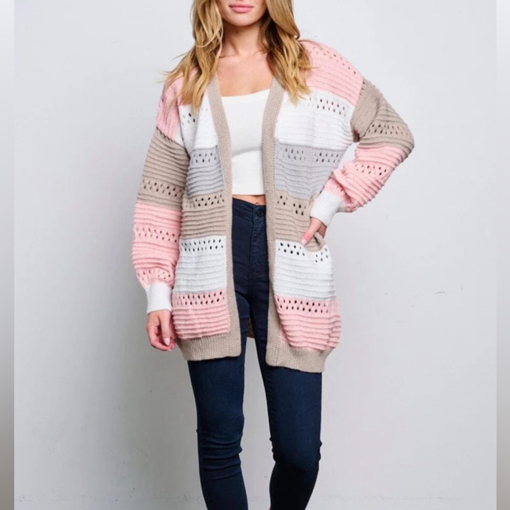 Pink, White, and Beige Striped Women's Cardigan